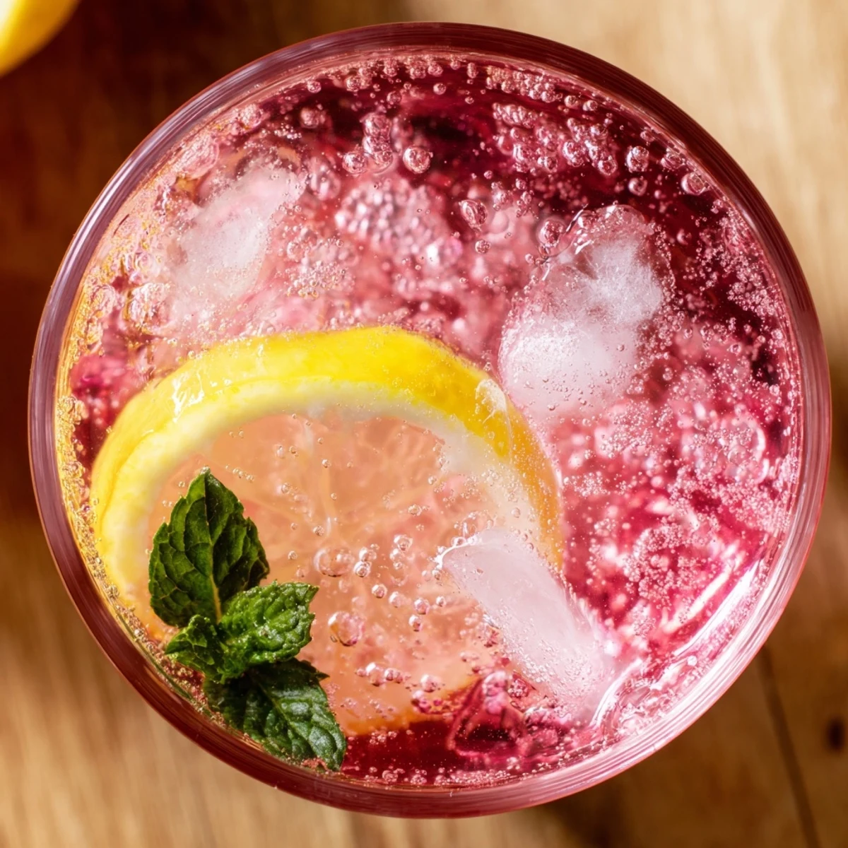 Refreshing Honey Lemon Pink Soda in a glass with ice and mint  