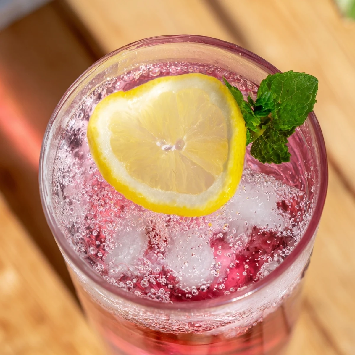 Chilled Honey Lemon Pink Soda garnished with fresh mint and lemon wheels