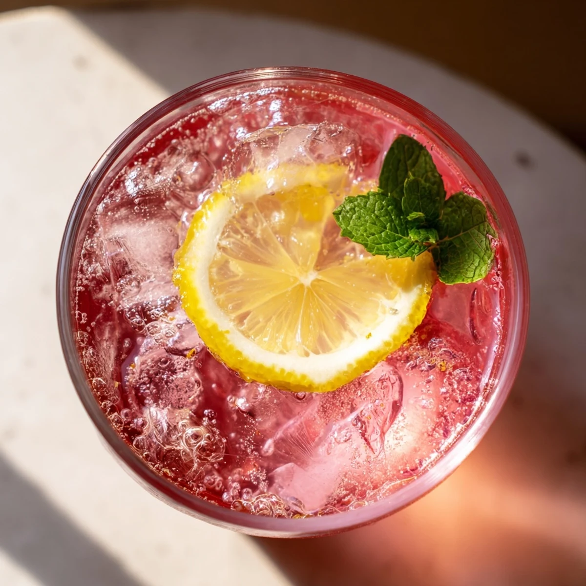 Vibrant Honey Lemon Pink Soda poured over ice with a lemon slice  