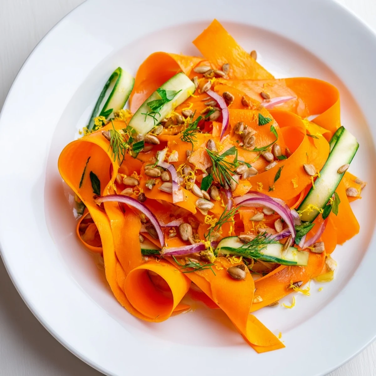 Fresh carrot ribbon salad tossed with zesty citrus dressing and parsley.  