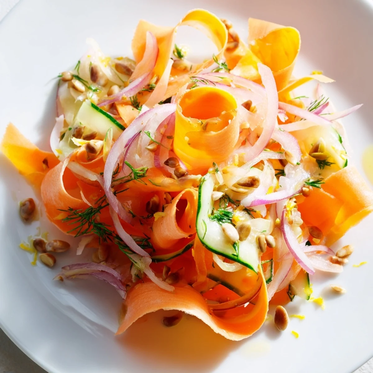 Vibrant carrot ribbon salad drizzled with honey citrus dressing and sunflower seeds.  