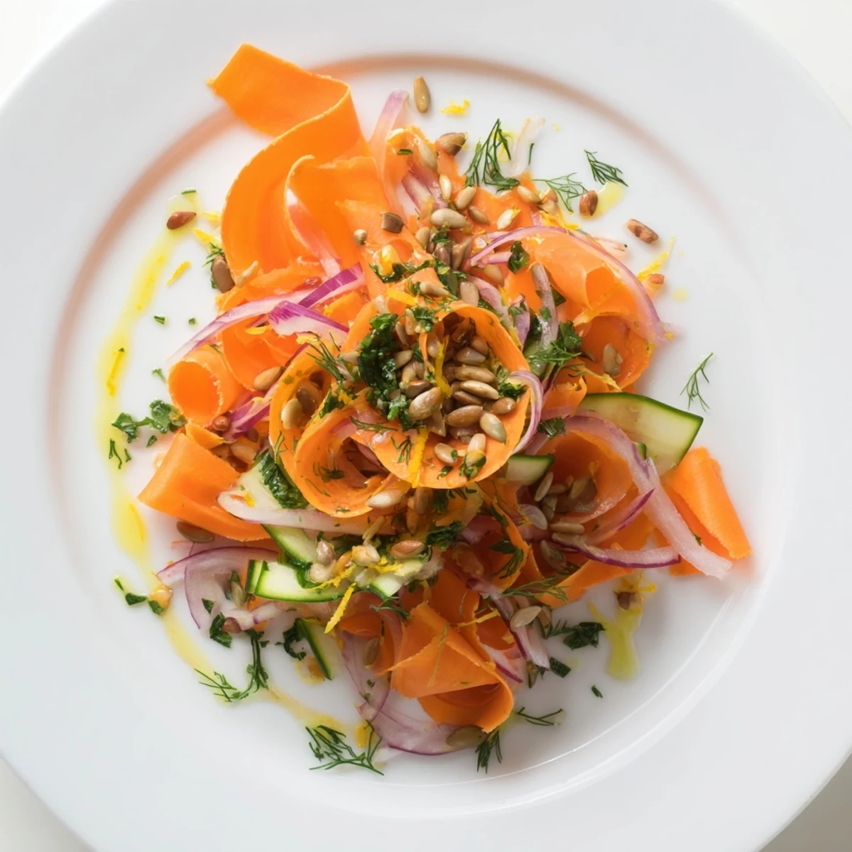 Light carrot ribbon salad featuring cucumber ribbons in a tangy citrus dressing.