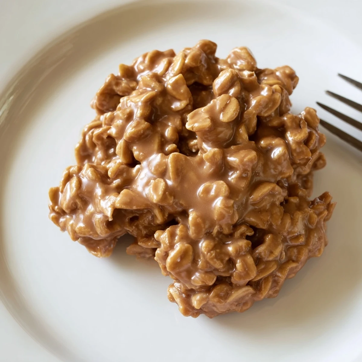 Chewy peanut butter no bake cookies stacked on a white plate.