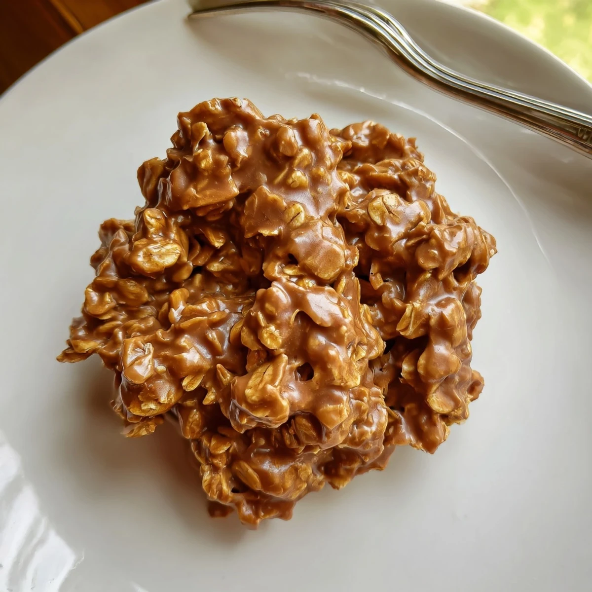 Rich peanut butter no bake cookies topped with oats, ready to serve.