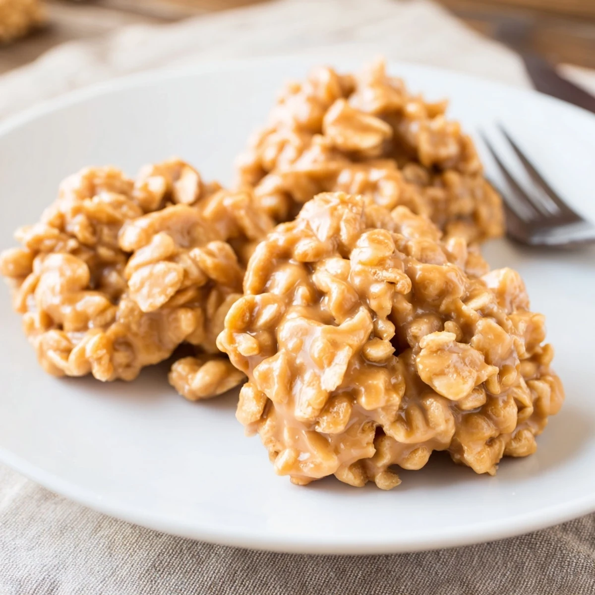 Homemade peanut butter no bake cookies cooling on a parchment-lined baking sheet.