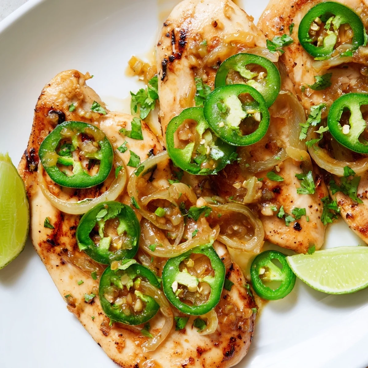 Golden spicy jalapeno chicken breasts garnished with fresh cilantro and lime wedges  