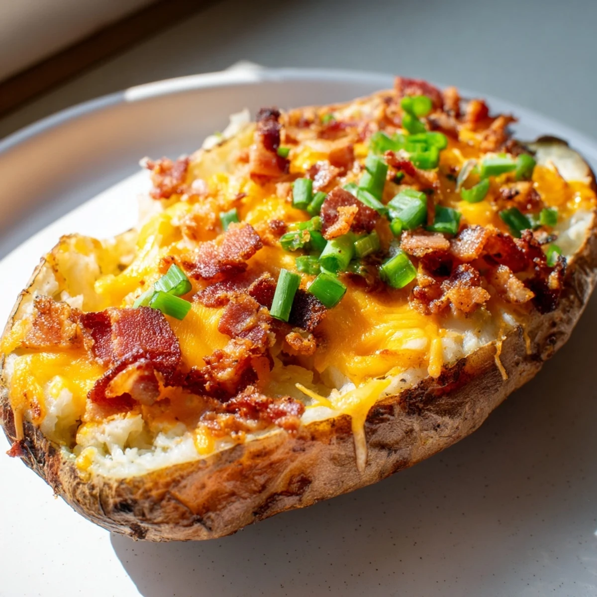 Golden jalapeno popper twice baked potatoes topped with melted cheese and crispy bacon.
