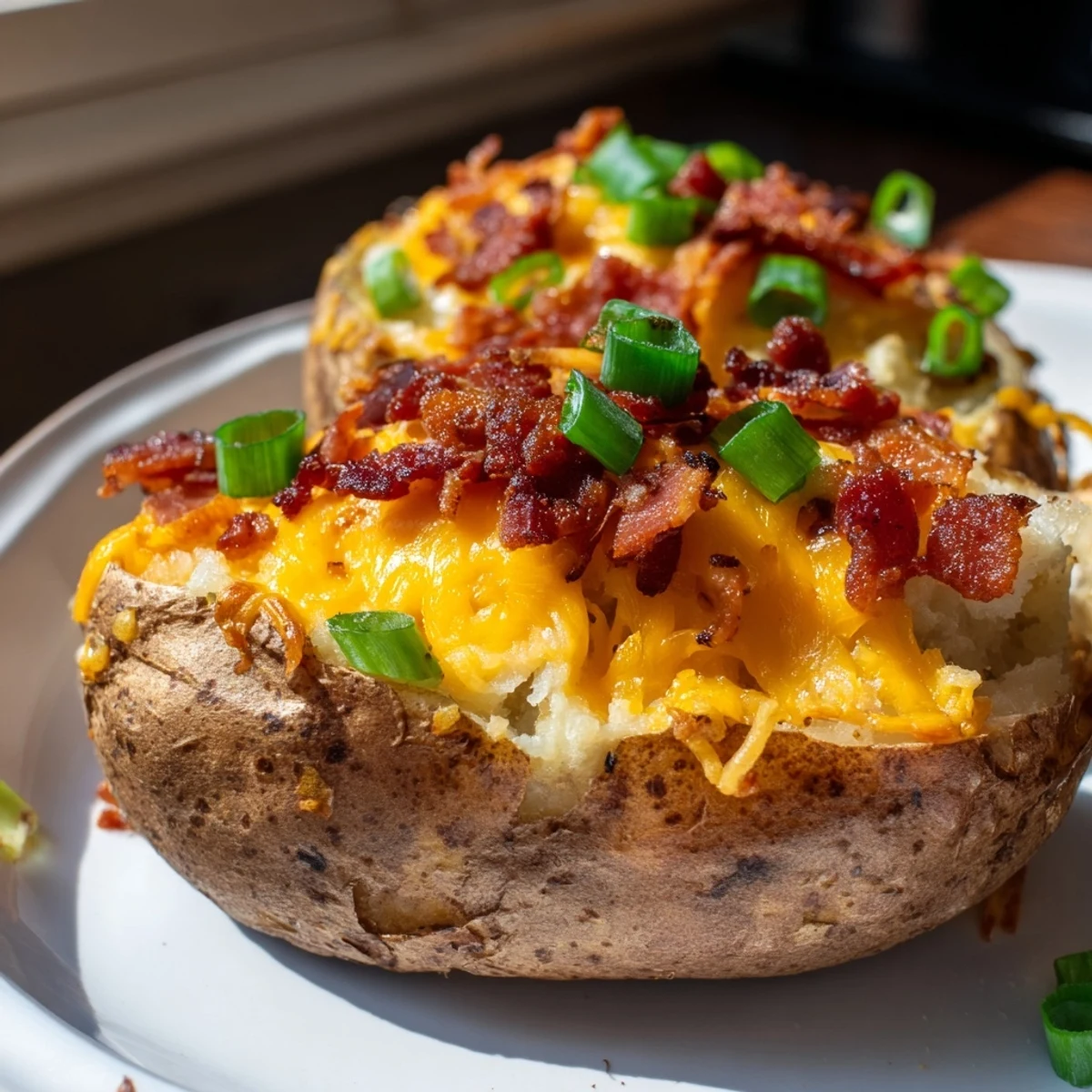 Delicious jalapeno popper twice baked potatoes served with fresh chives and extra peppers.