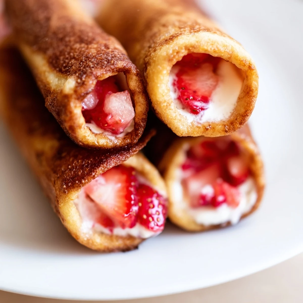 Golden Strawberry Cream Cheese Roll Ups dusted with cinnamon and sugar.  