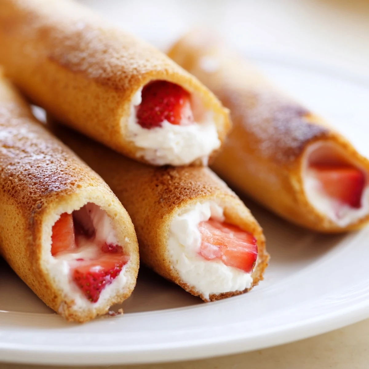 Warm Strawberry Cream Cheese Roll Ups served with a sweet cinnamon coating.