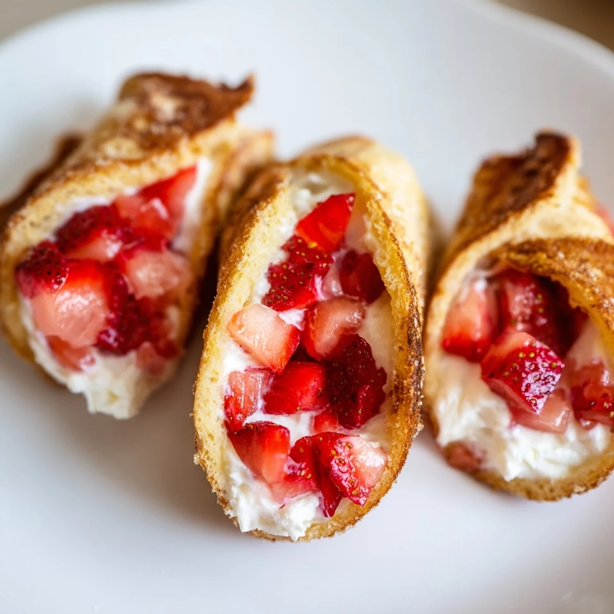 Soft bread rolls filled with creamy strawberry mixture toasted until golden brown.  