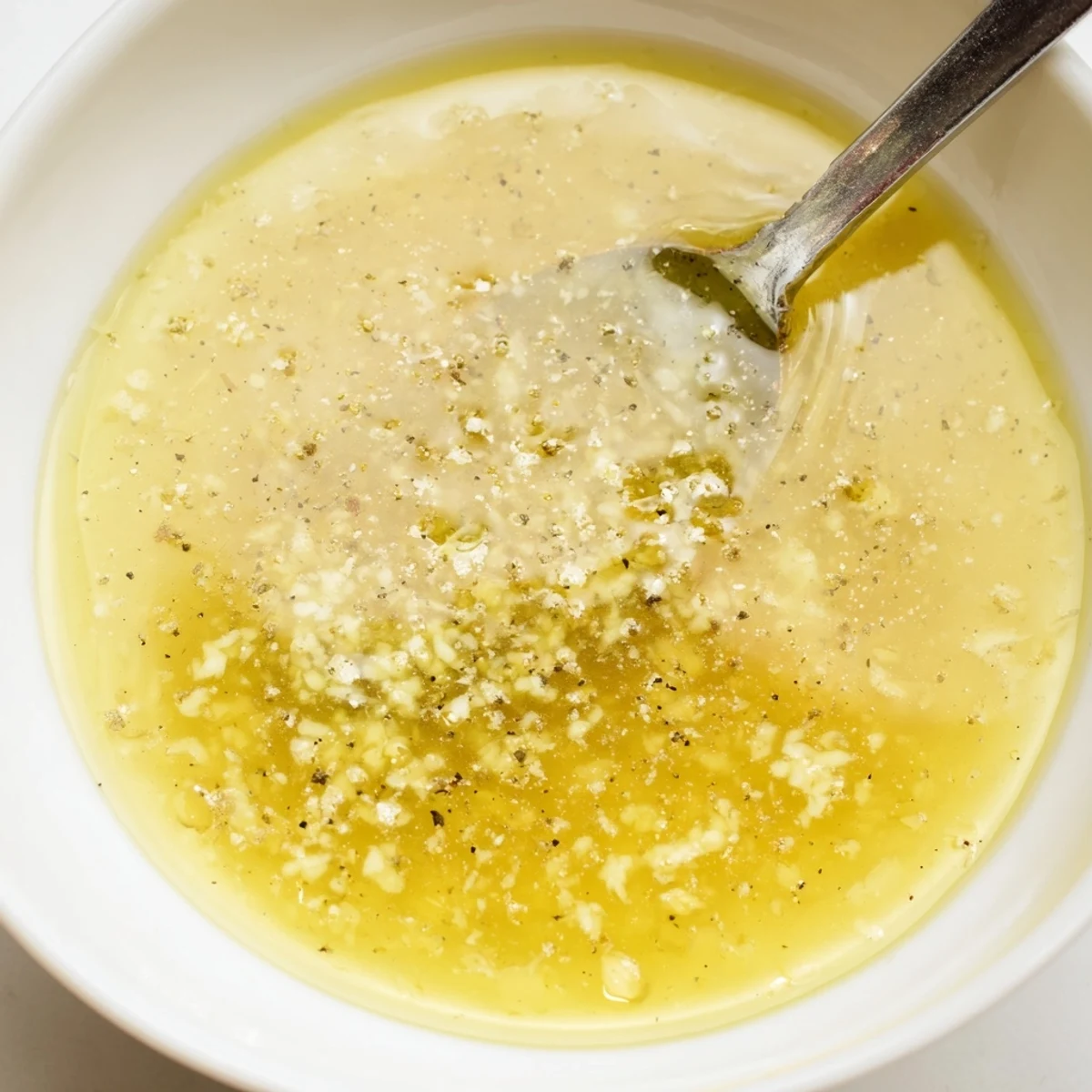 Golden Lemon Vinaigrette Dressing Recipe drizzled over fresh crisp green salad leaves  