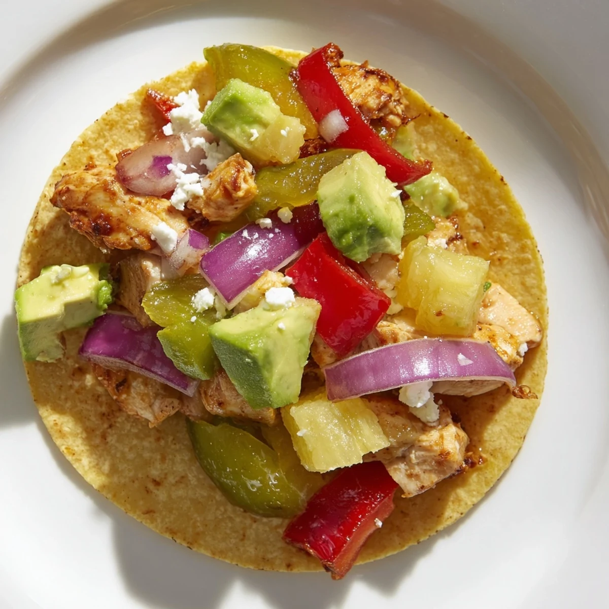 Golden chicken and caramelized pineapple filling warm corn tortillas for tacos.  