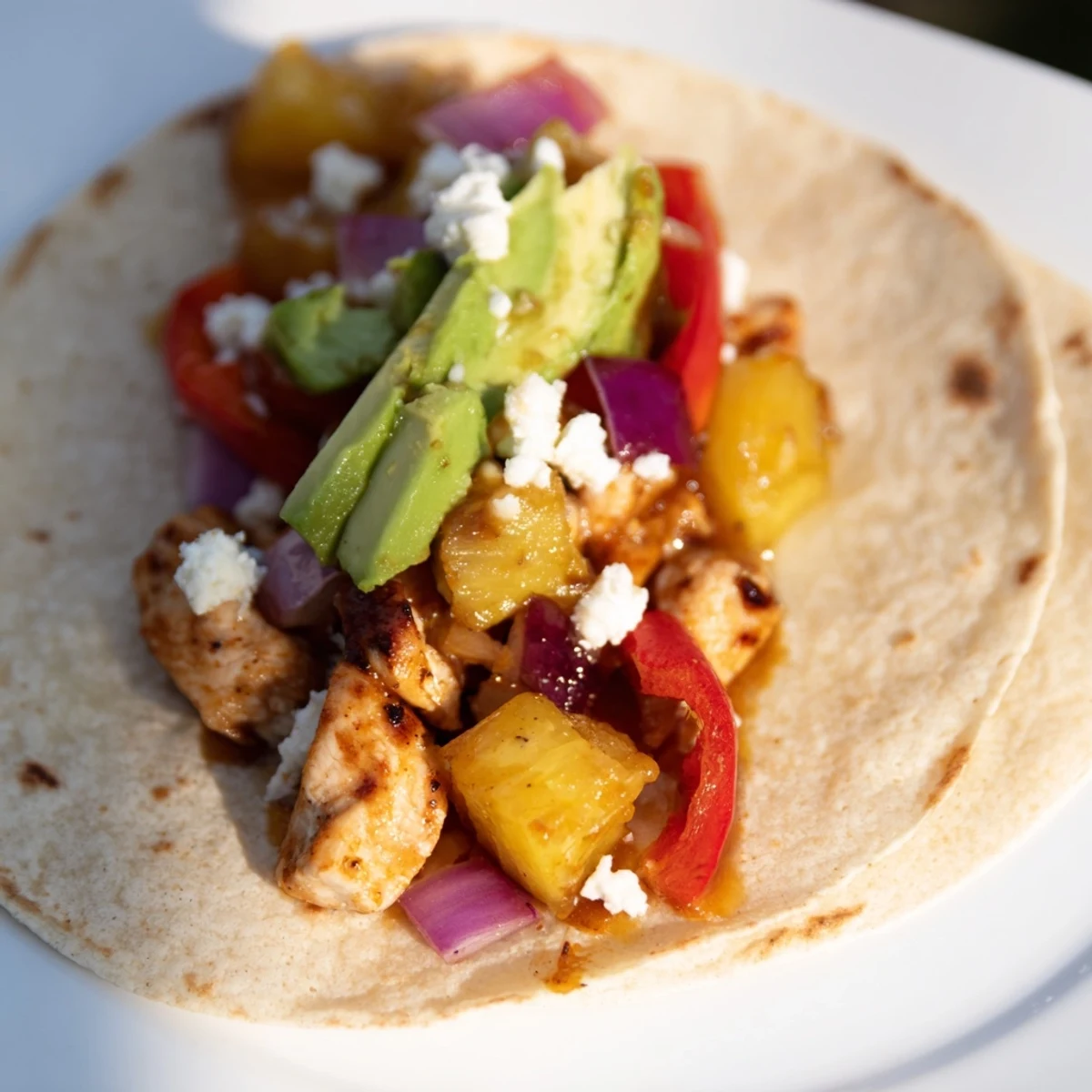 Juicy spiced chicken and sweet pineapple stacked in soft tortillas for dinner.