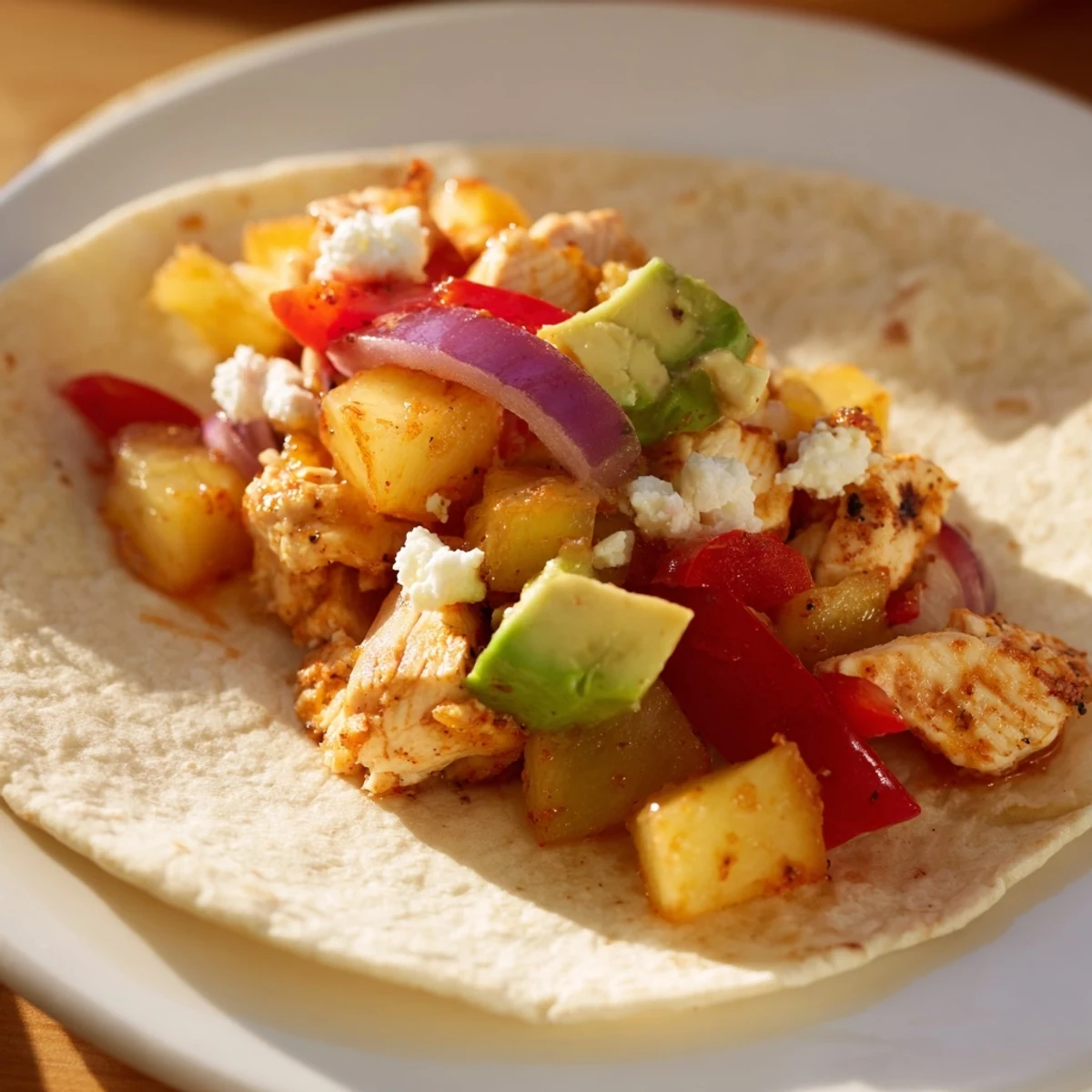 Vibrant one pan chicken and pineapple tacos topped with fresh cilantro and lime.  