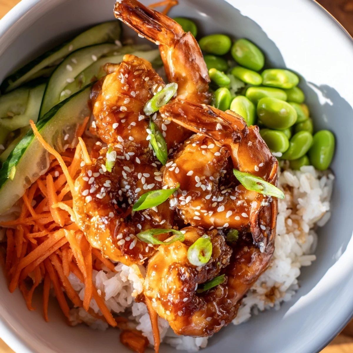 Teriyaki shrimp rice bowls with glazed shrimp and fresh vegetables on fluffy rice.  