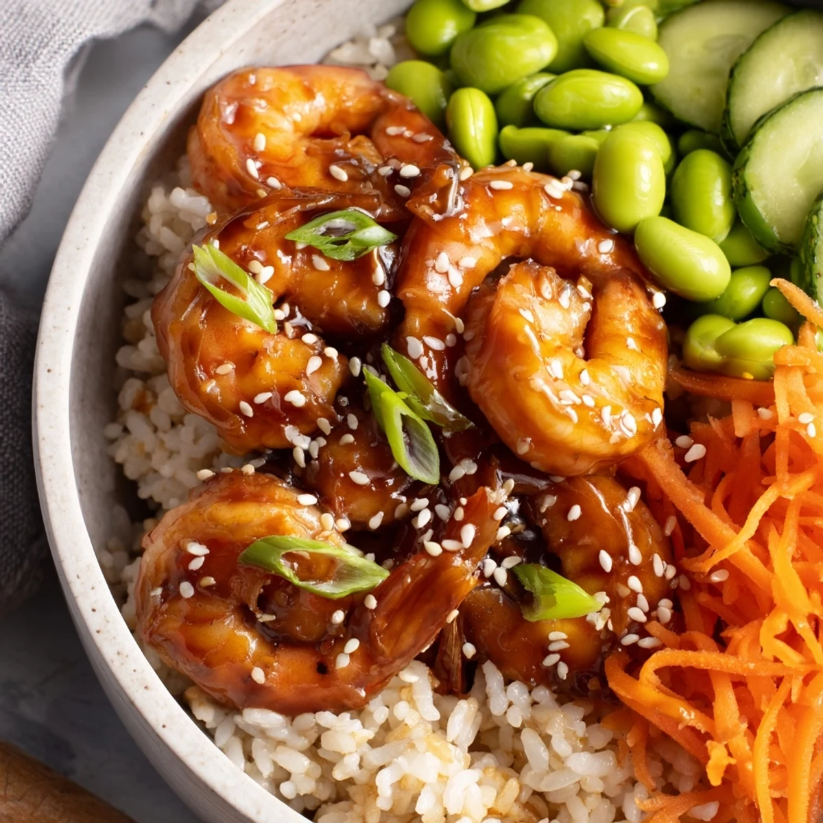 Vibrant teriyaki shrimp rice bowls topped with crisp veggies and sesame seeds.  