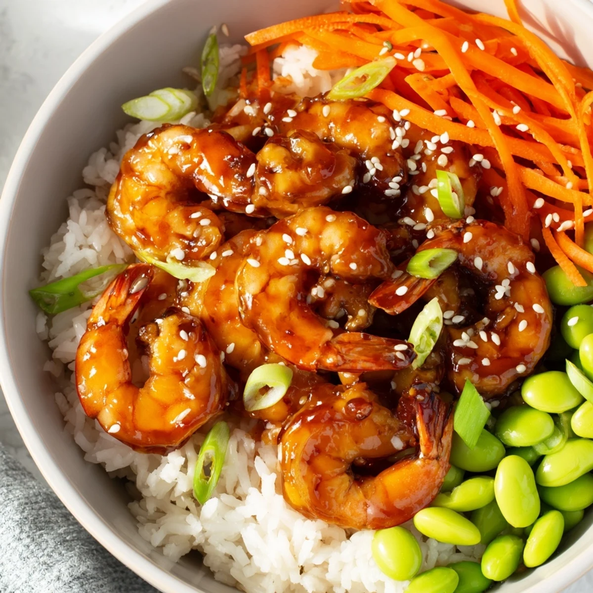 Japanese-inspired teriyaki shrimp rice bowls served with colorful edamame and cucumber slices.