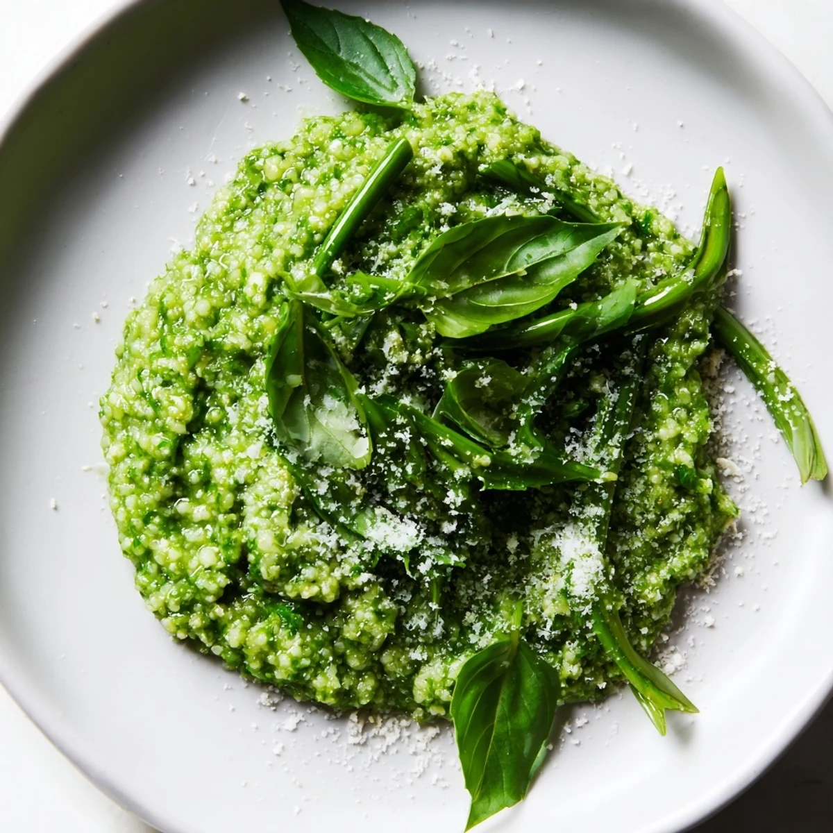 Bright green garlic scape pesto drizzled over pasta with fresh basil leaves.  