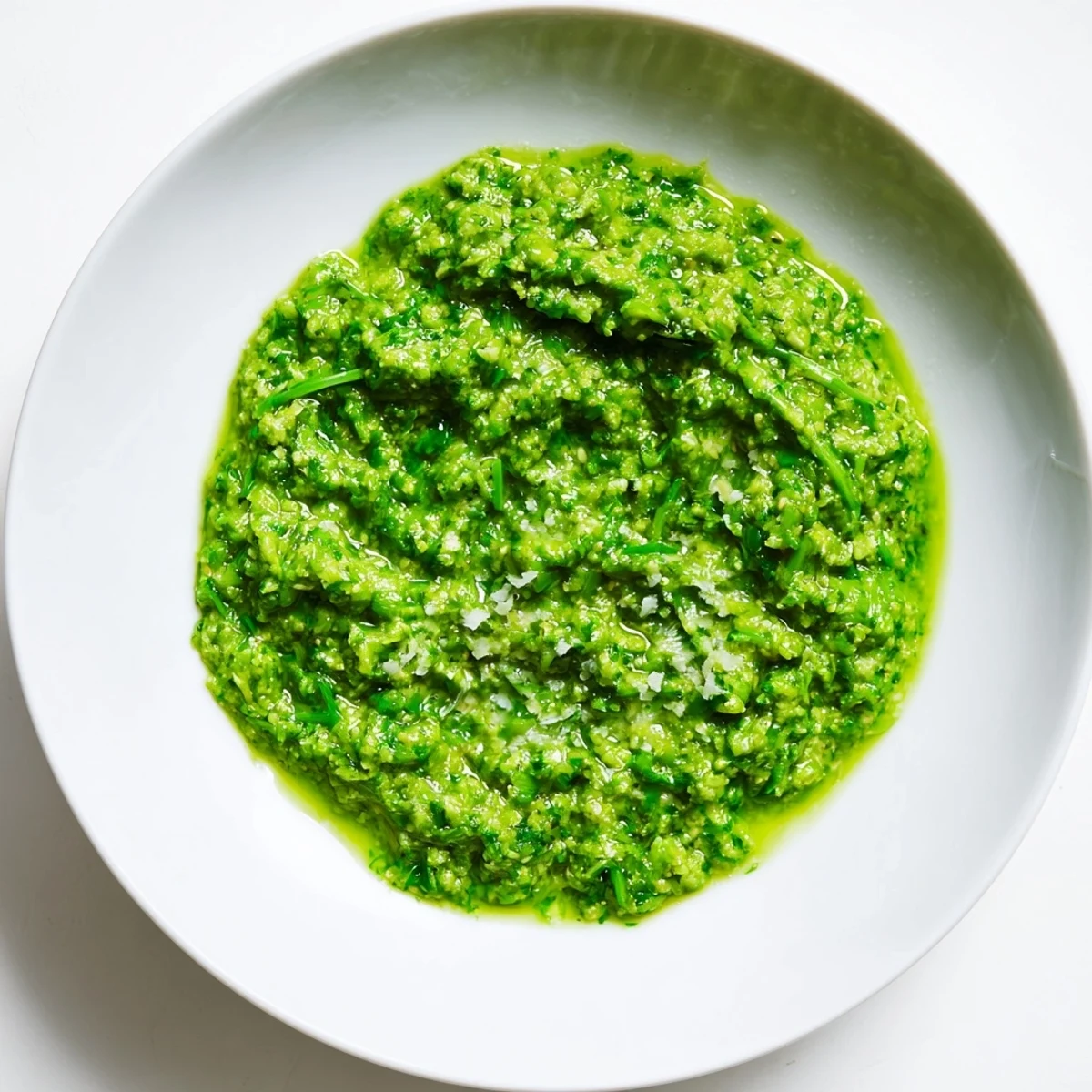 Creamy garlic scape pesto spread on crusty bread, garnished with pine nuts.  