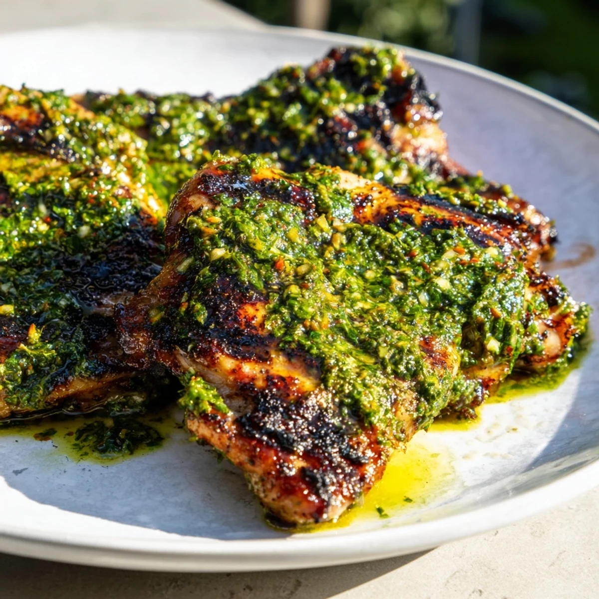 Golden grilled chimichurri chicken thighs drizzled with vibrant green herb sauce  