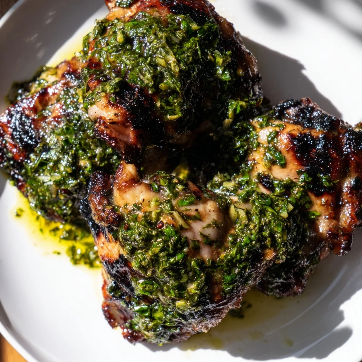 Juicy chimichurri chicken thighs resting on a plate with fresh parsley garnish  