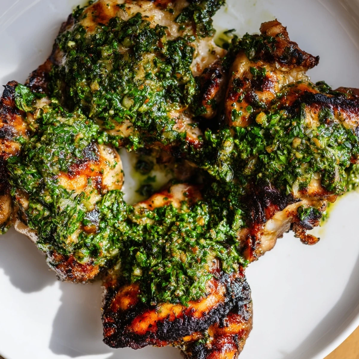 Savory chimichurri chicken thighs served hot with a zesty olive oil glaze