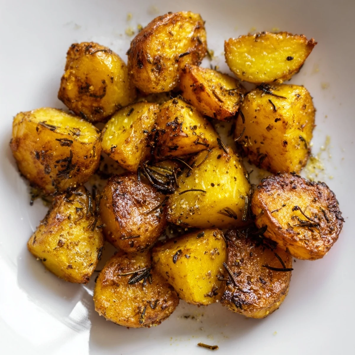 Golden crispy roasted potatoes served on a white plate with fresh herbs  