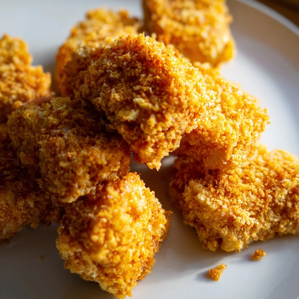 Golden brown tofu fried chicken pieces crispy on a white plate  