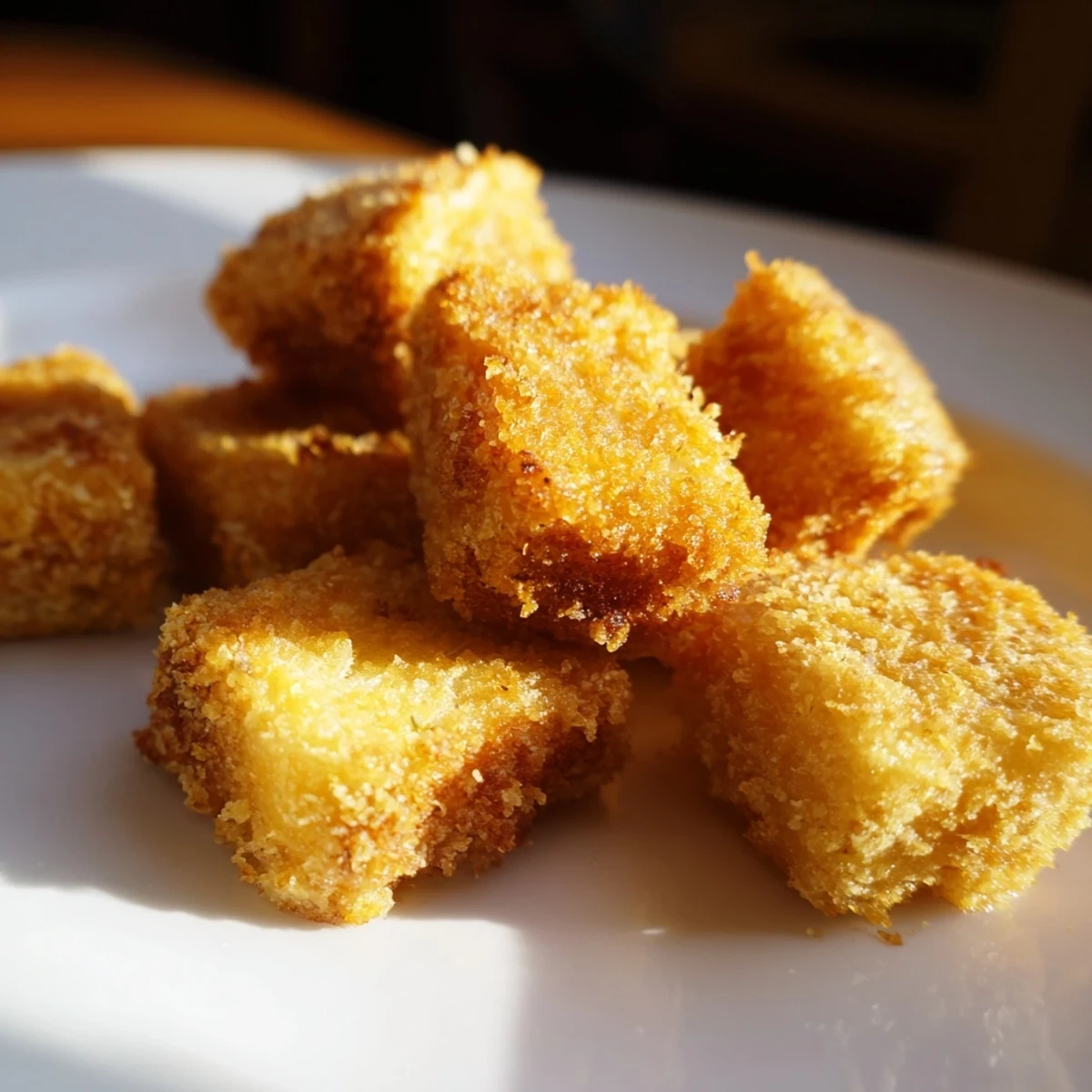 Crispy vegan tofu fried chicken served with dipping sauce on a platter  