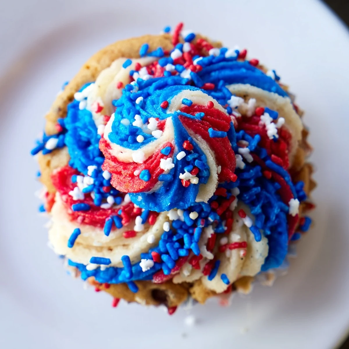 Festive patriotic chocolate chip cookie cups topped with red, white, and blue frosting.  