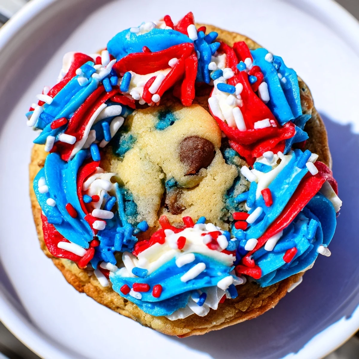Golden patriotic chocolate chip cookie cups filled with sweet frosting and patriotic decorations.