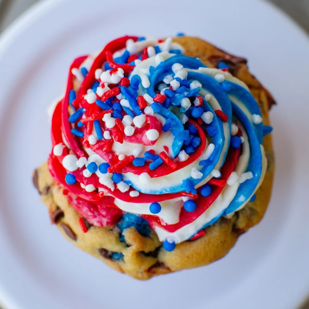 Bite-sized patriotic chocolate chip cookie cups with creamy frosting and colorful sprinkles.  