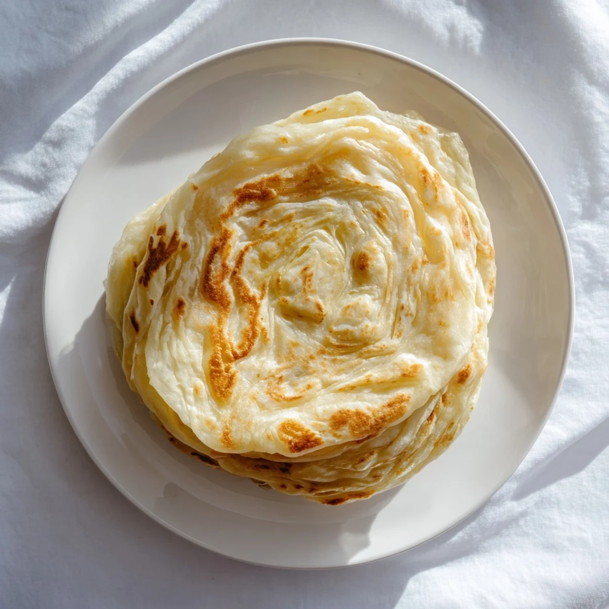Hand-stretched Roti Canai with buttery layers on a traditional plate  