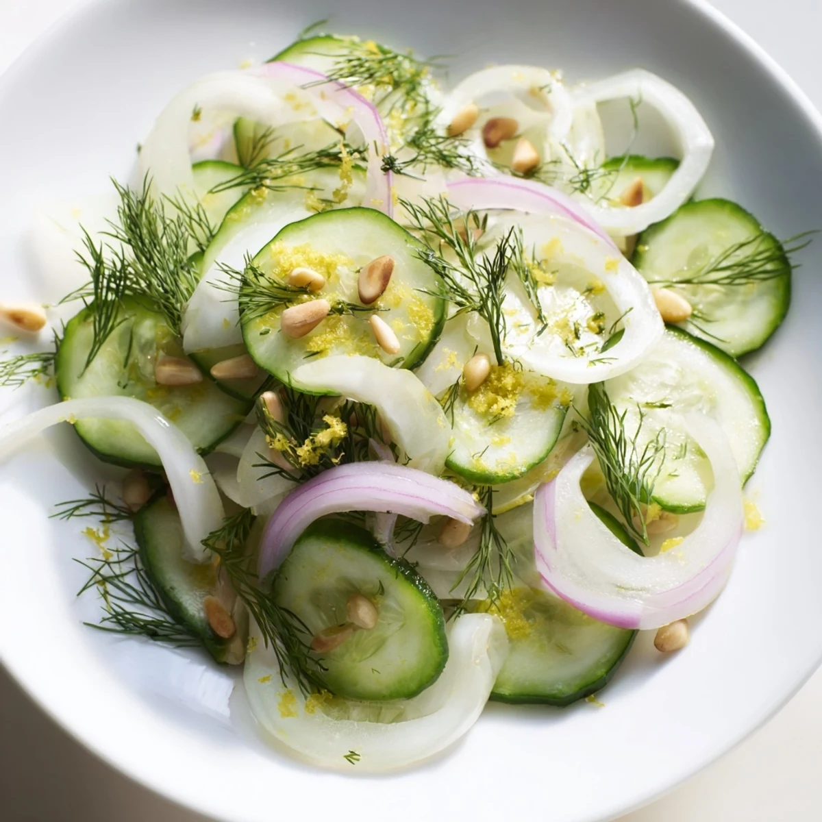 Bowl of crisp fennel cucumber salad tossed with citrus dressing.  