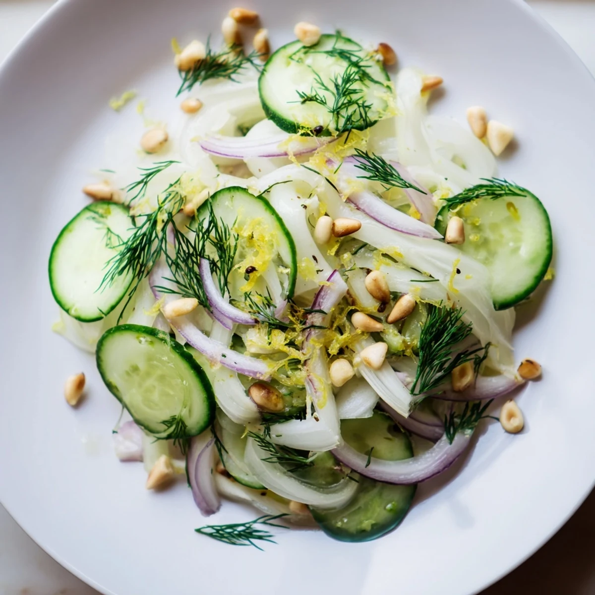 Fresh fennel cucumber salad garnished with dill and lemon zest.  