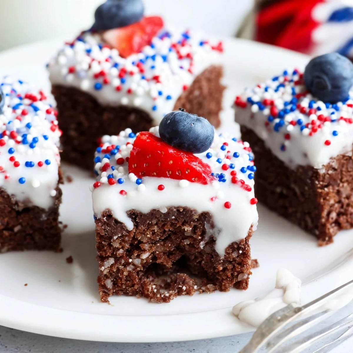 Festive July Brownie Bites topped with red, white, and blue sprinkles.  