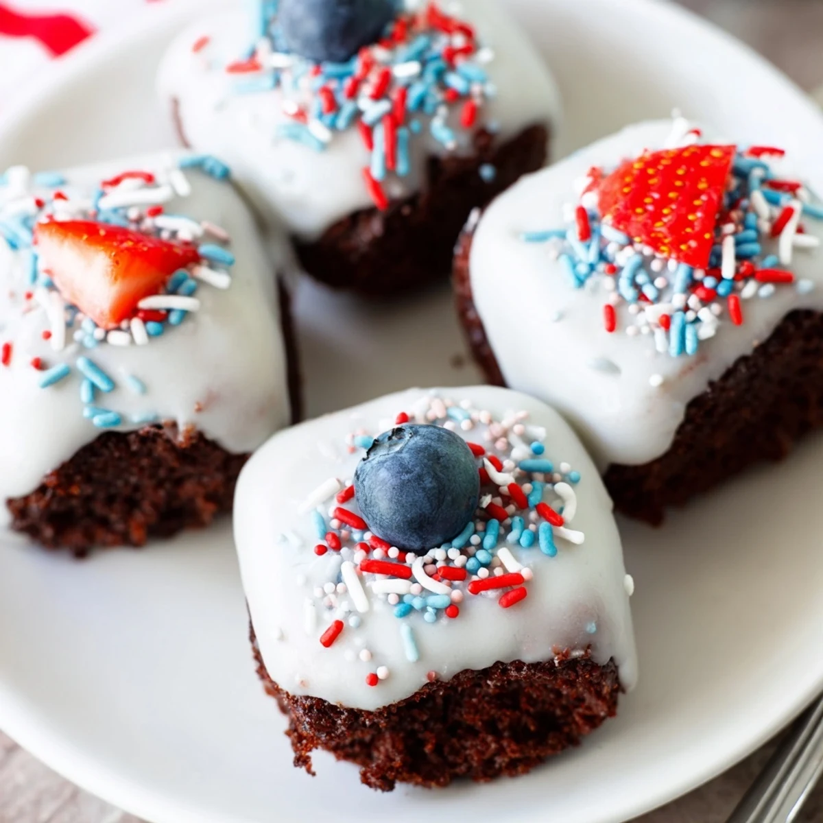 Bite-sized July Brownie Bites glazed with vanilla and colorful patriotic decorations.  
