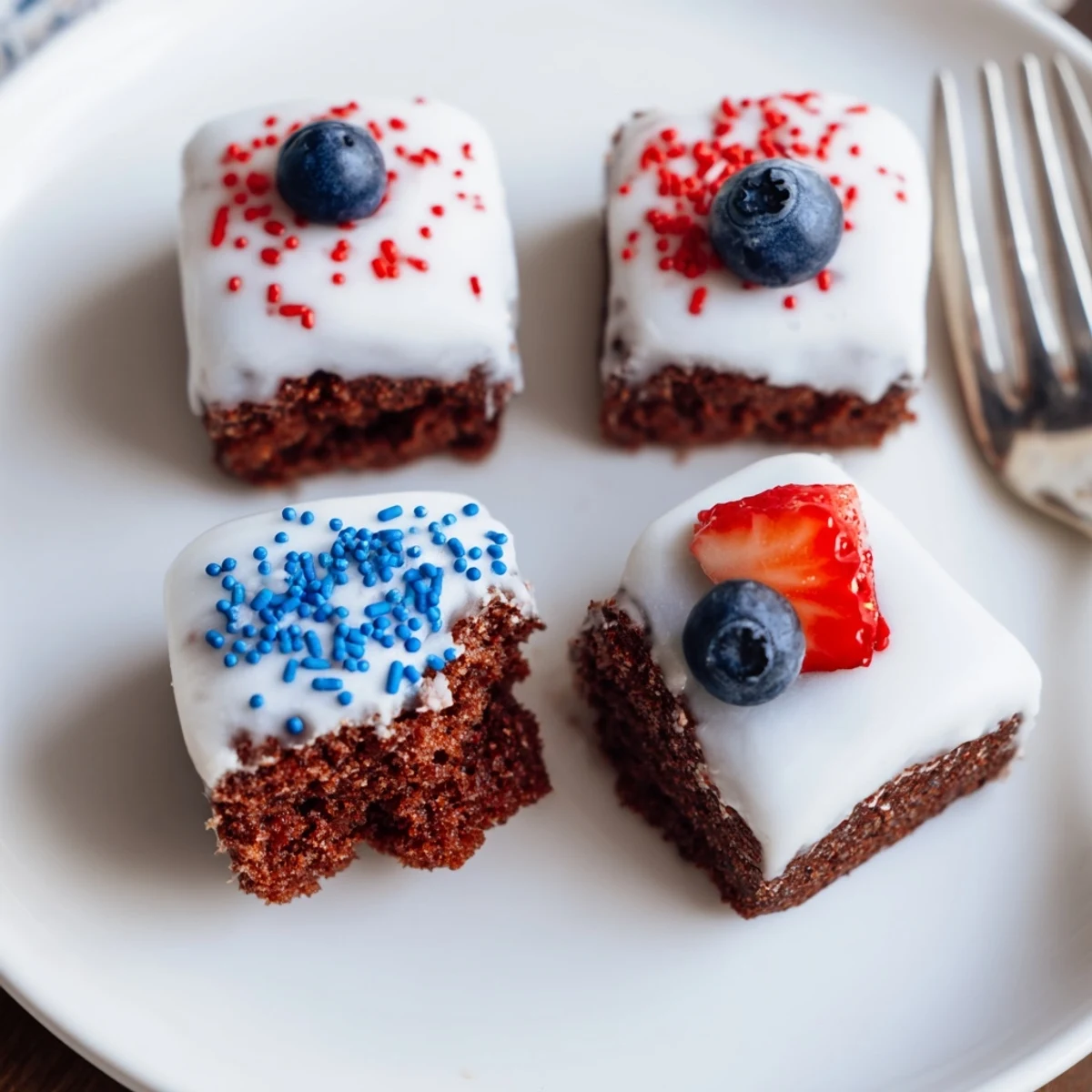 Decadent July Brownie Bites garnished with fresh berries and starry sprinkles.