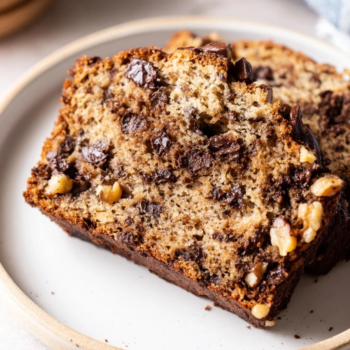 Golden slices of moist one bowl banana bread with melted chocolate chips  