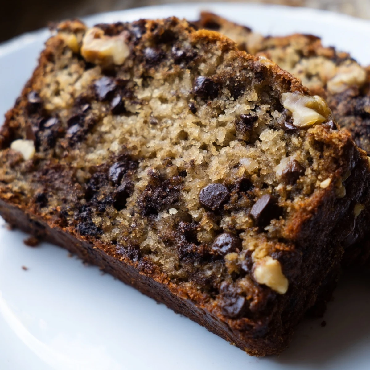Thick slice of chocolate chip banana bread made in one easy bowl