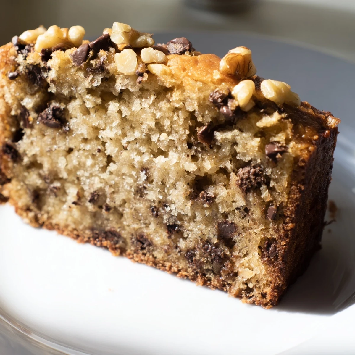 Freshly baked one bowl banana bread with chocolate chips on a wire rack  