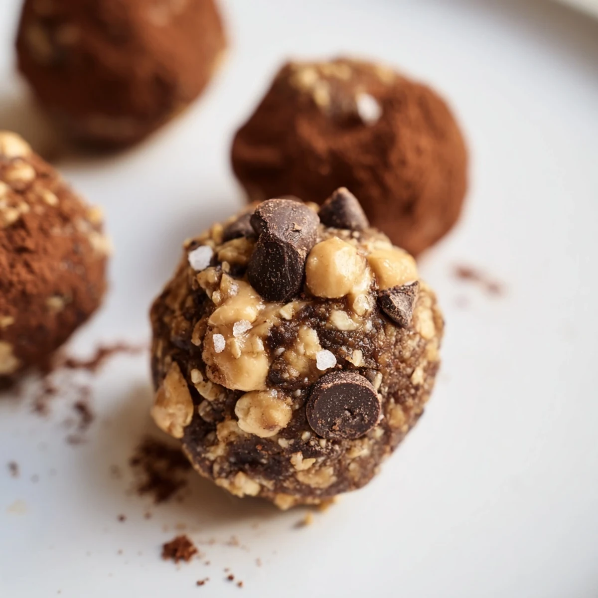 Rich chocolate Snickers energy balls rolled with crunchy peanuts for a healthy snack.  
