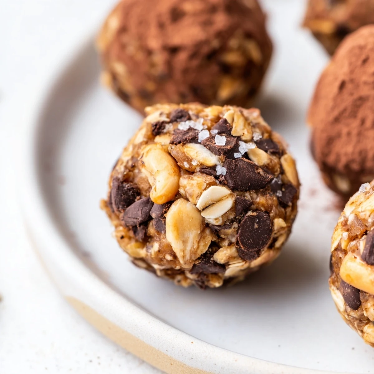 Decadent no-bake Snickers energy balls featuring creamy peanut butter and dates on a white plate.