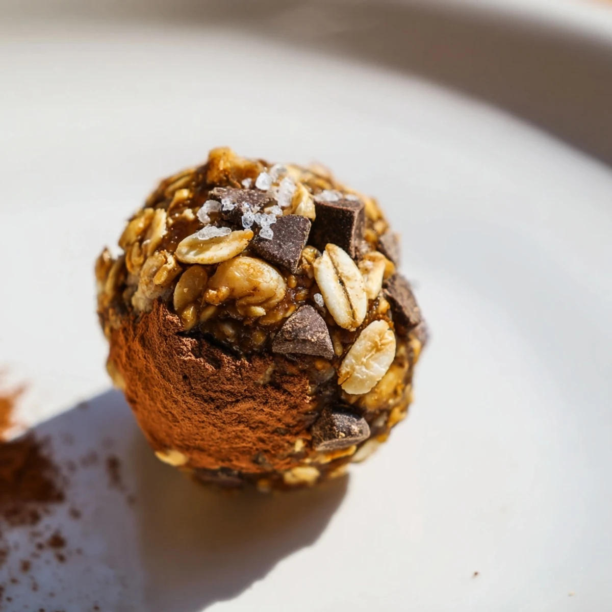 Bite-sized Snickers energy balls topped with dark chocolate chips and a sprinkle of sea salt.  