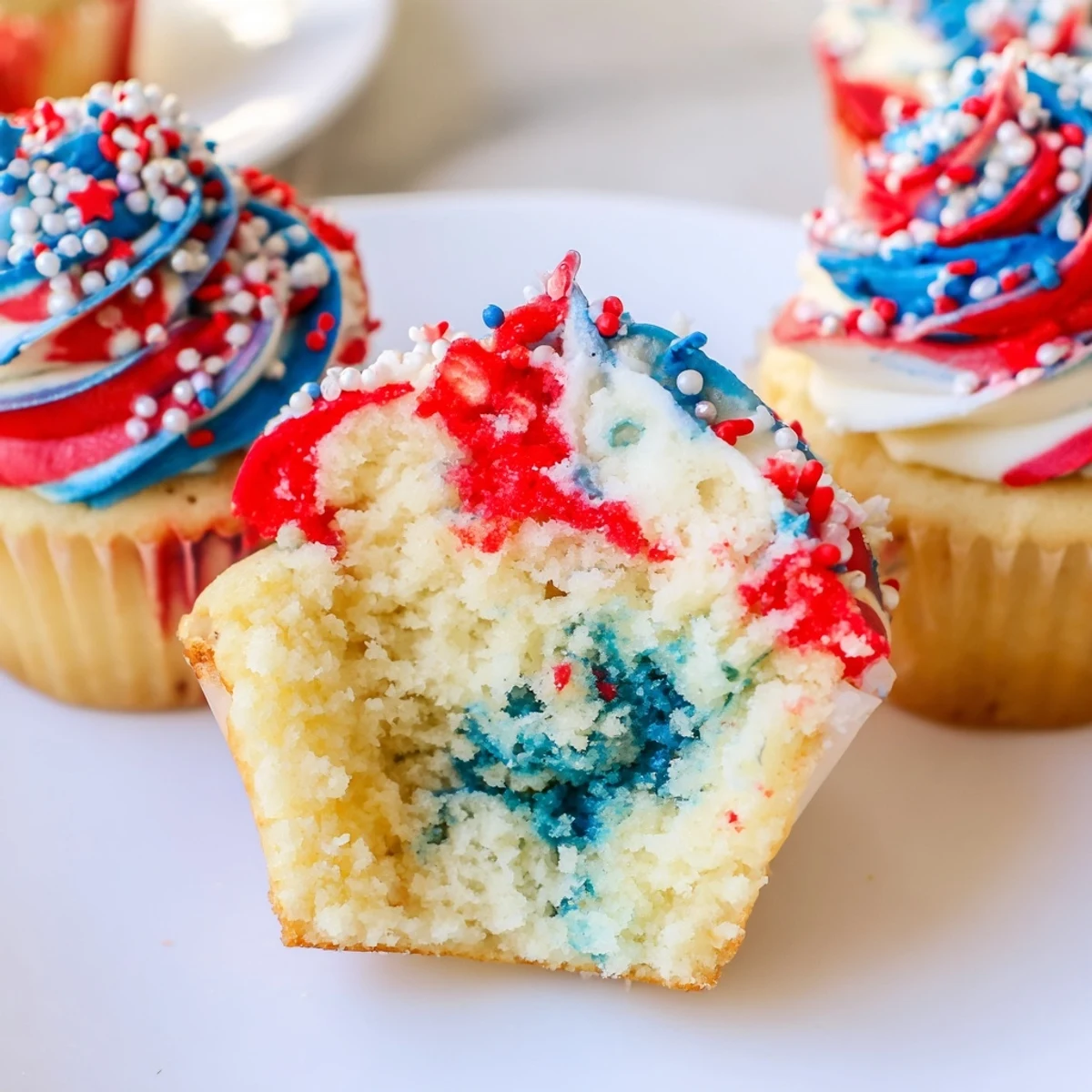 Festive July tie dye cupcakes swirled with red, white, and blue buttercream.  