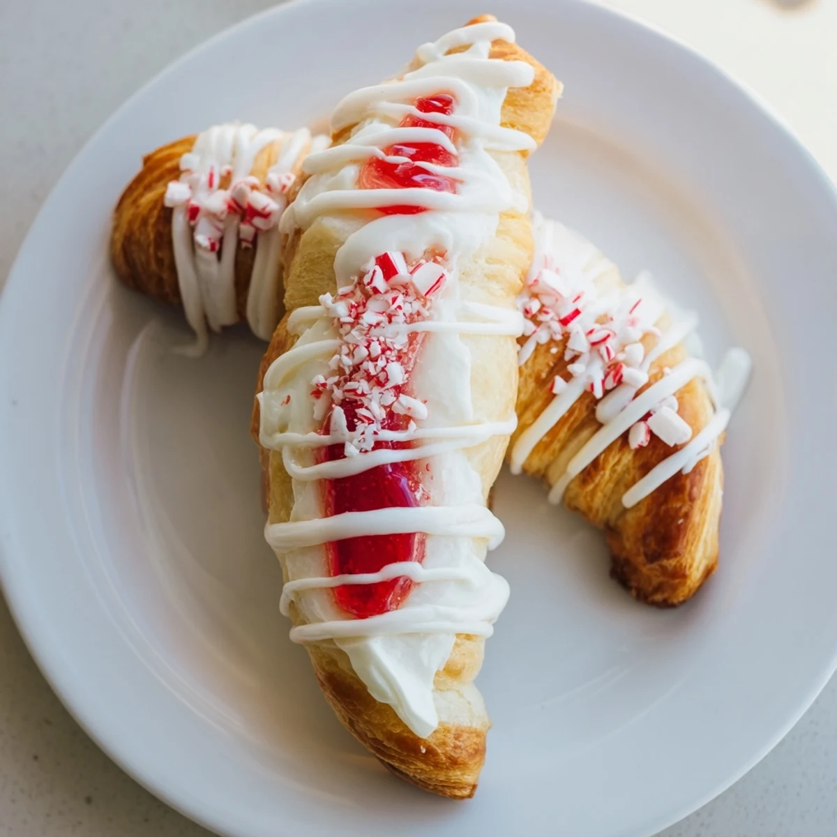 Golden candy cane crescent drizzled with icing and sprinkled with crushed peppermint.  
