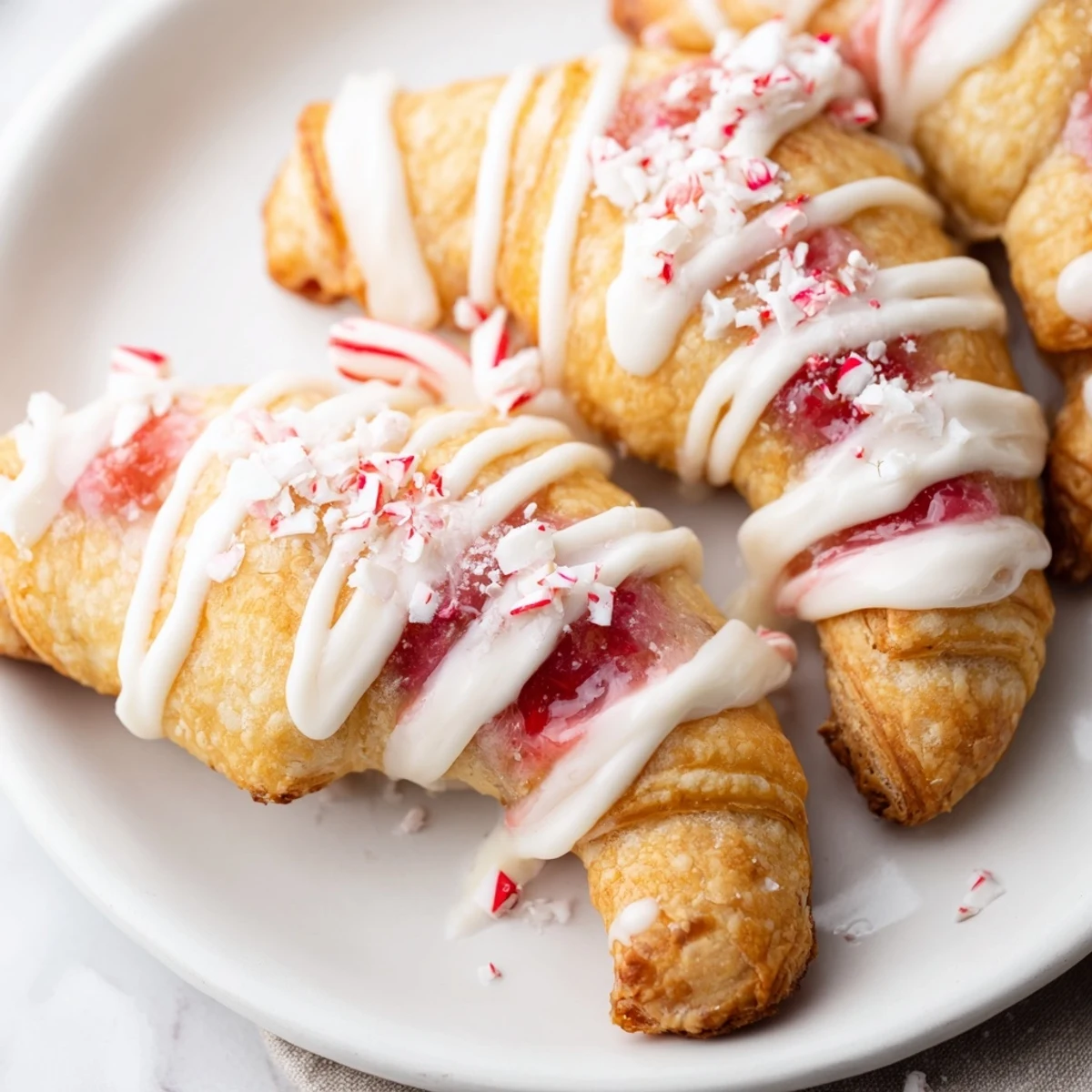 Festive candy cane crescent filled with strawberry cream cheese and topped with sweet glaze.  