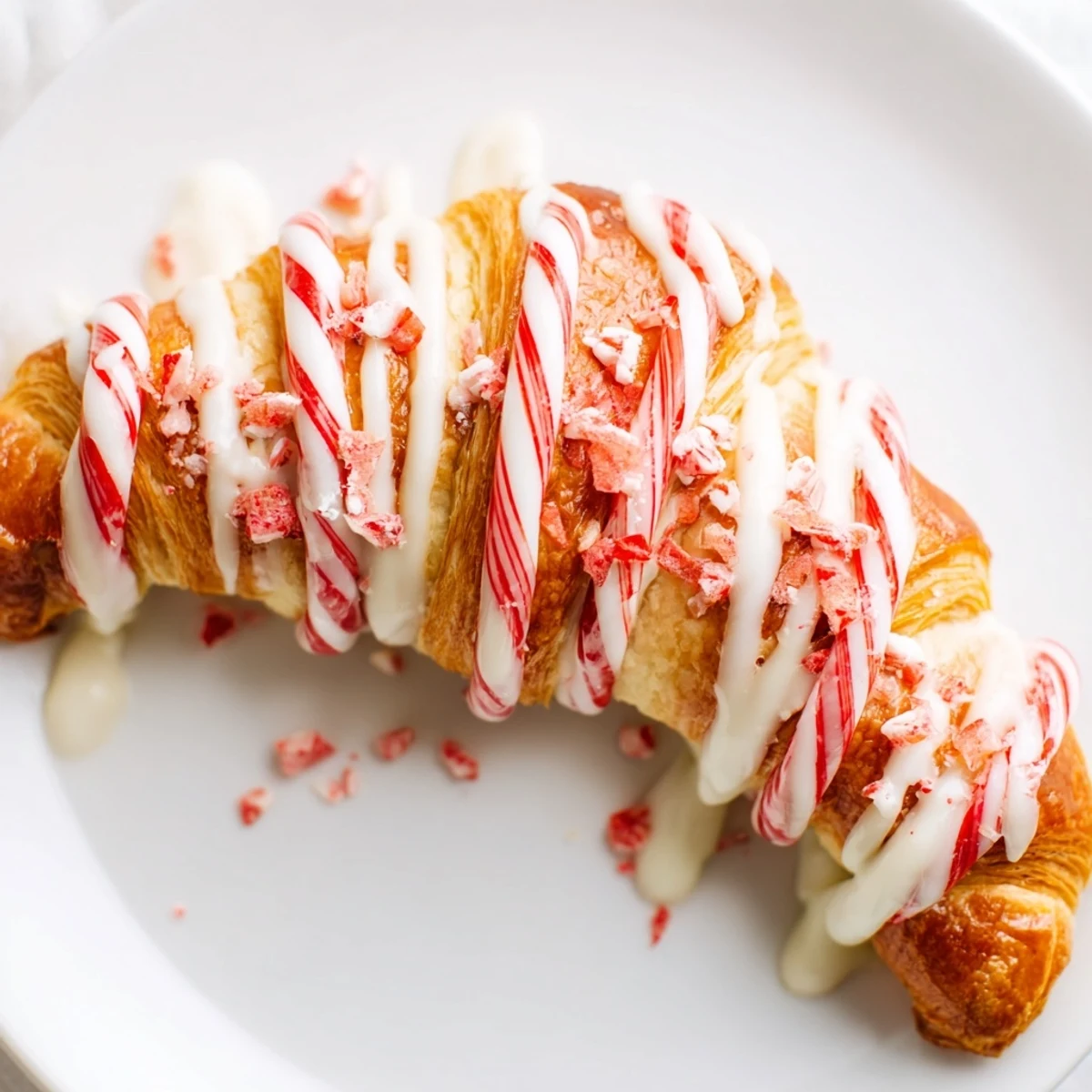 Flaky candy cane crescent pastry curved into a holiday shape with peppermint decorations.
