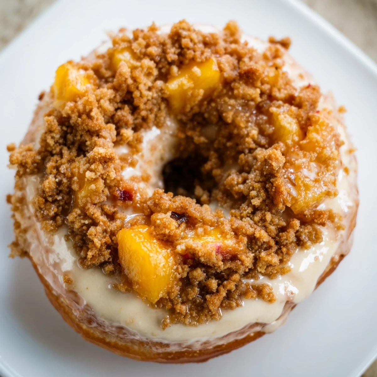 Sweet peach cobbler cheesecake donuts drizzled with glaze and crumb topping